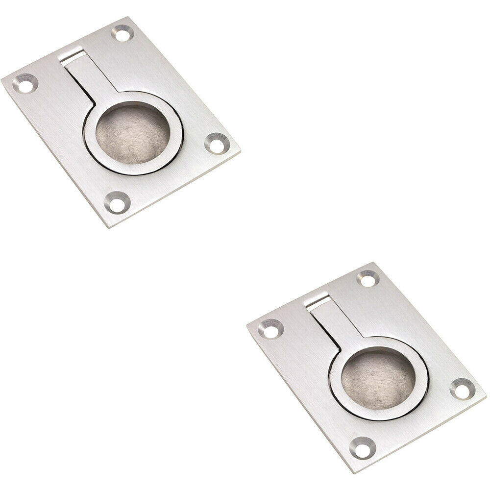 2x Flush Ring Recessed Pull Handle 63 x 48.5mm 8.5mm Depth Satin Chrome